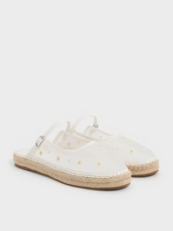 Charles & Keith Mesh Embroidered-Flower Slip-On Mary Jane Espadrilles